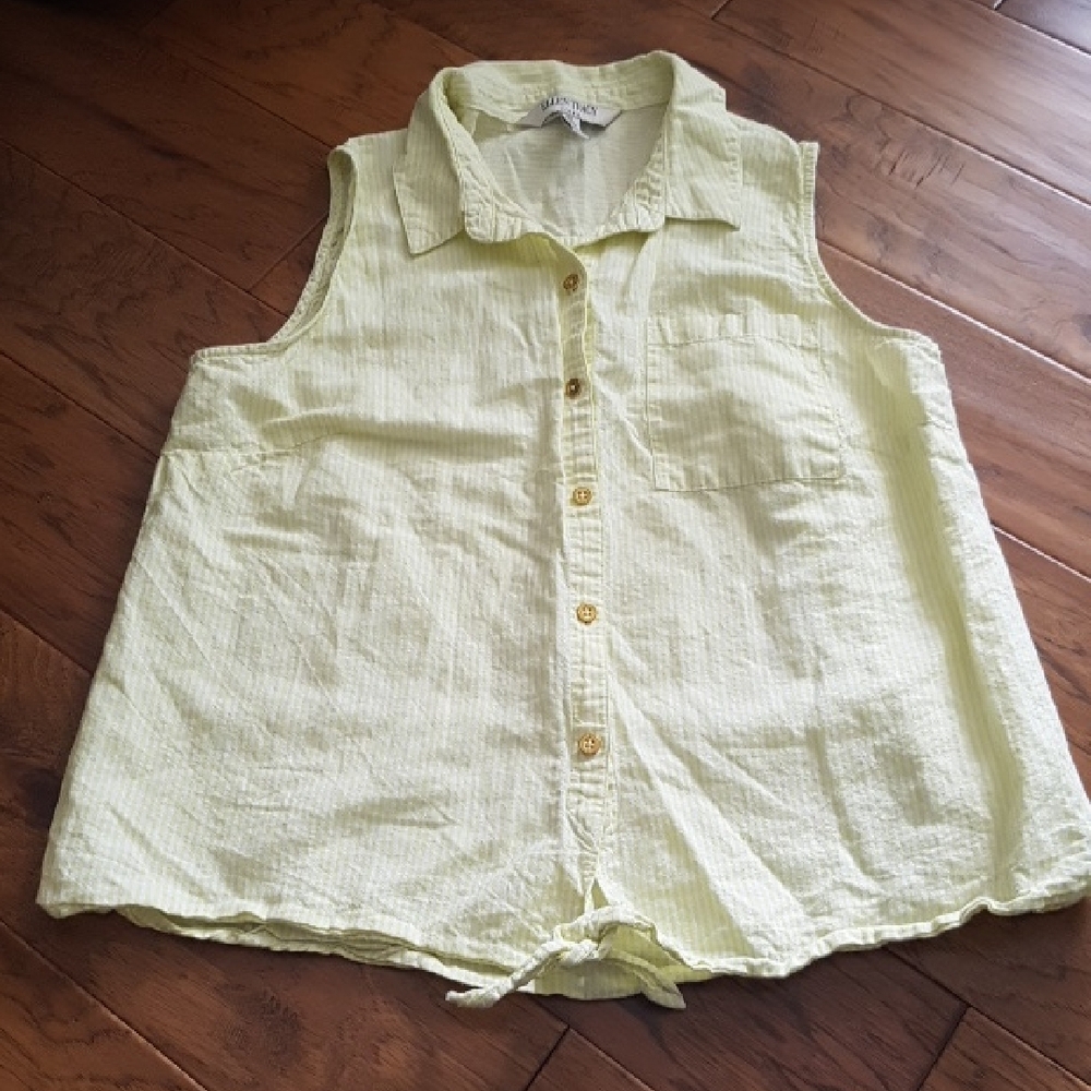 Ellen Tracy Linen Blend Sleeveless Yellow Stripe Collared Front Tie Top Size L
